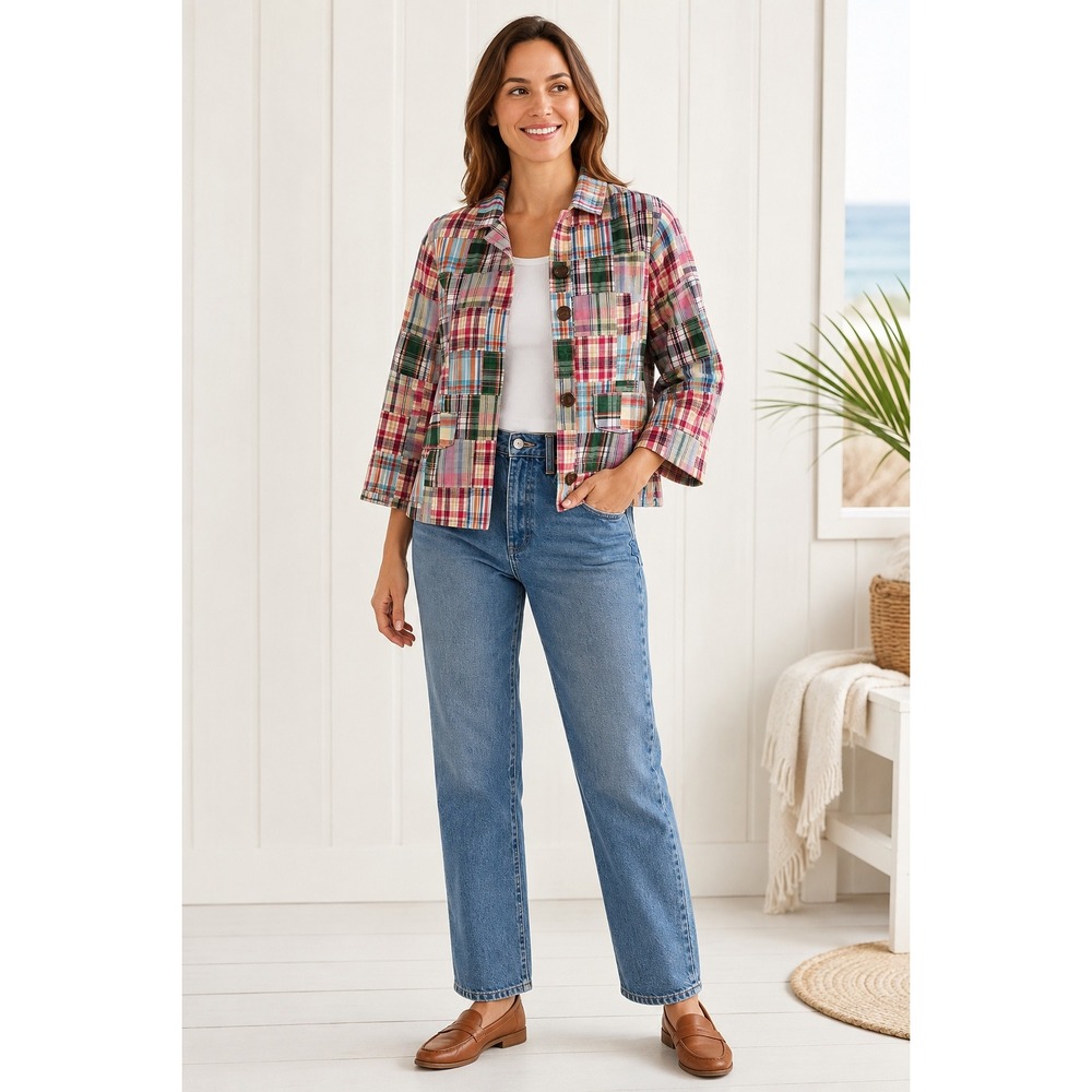 Hannah Patchwork Plaid Blazer Jacket Small Multi Color Cotton Boho Cottagecore